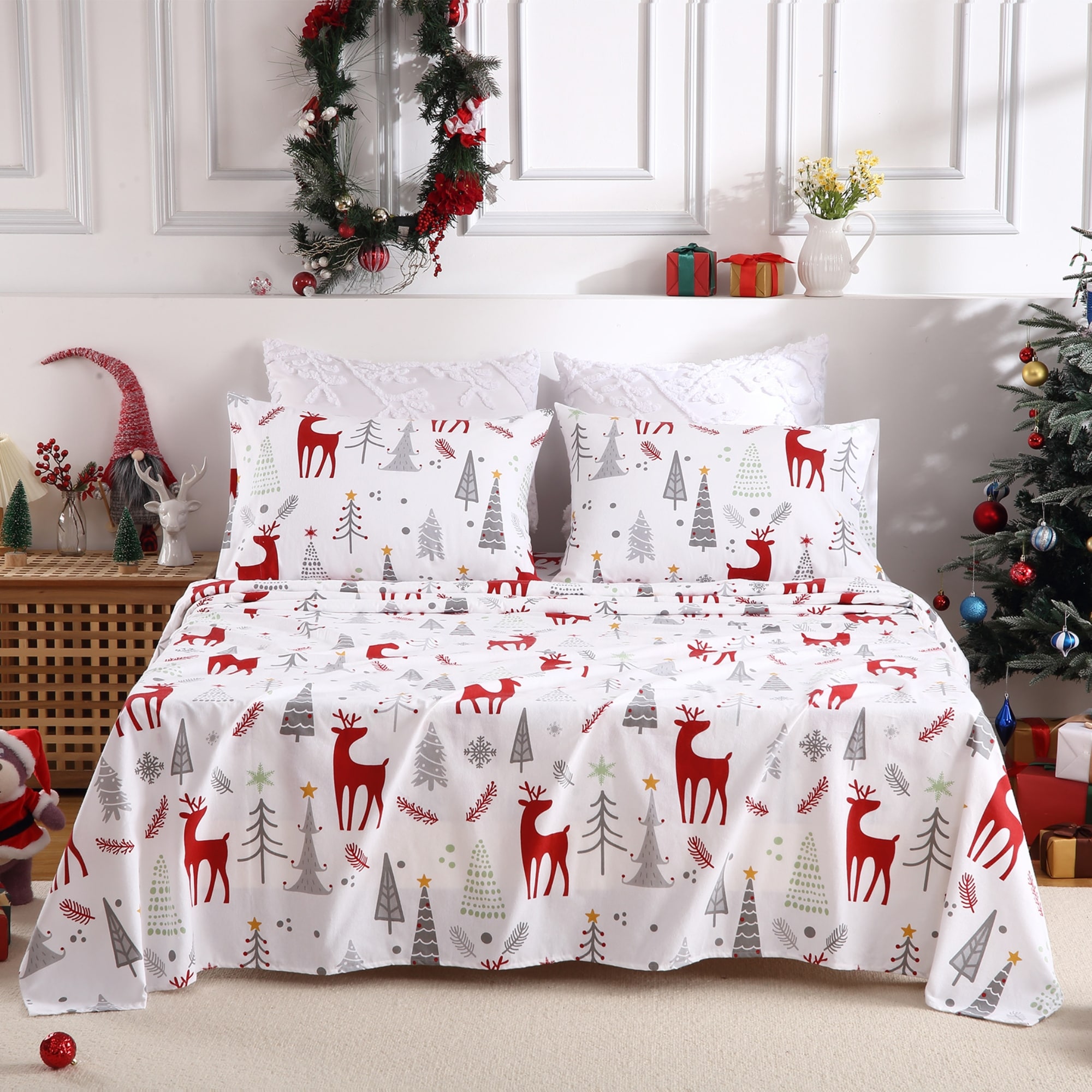 4 Piece Christmas Printed Cotton Flannel Sheet Set Queen Christmas Reindeer Red Green