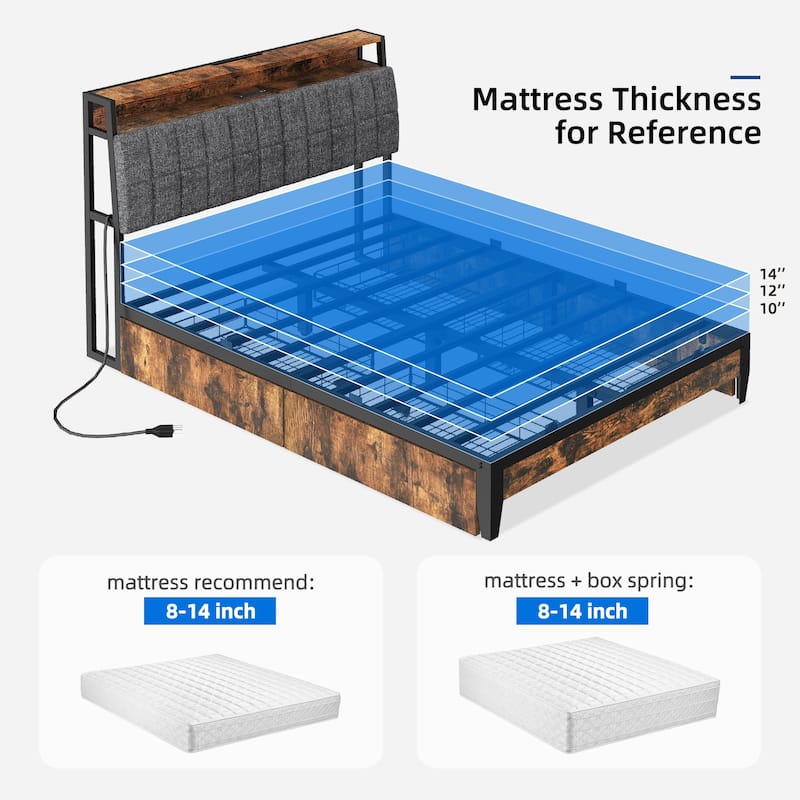 Upholstered Platform Bed with Charging Station and Storage Headboard