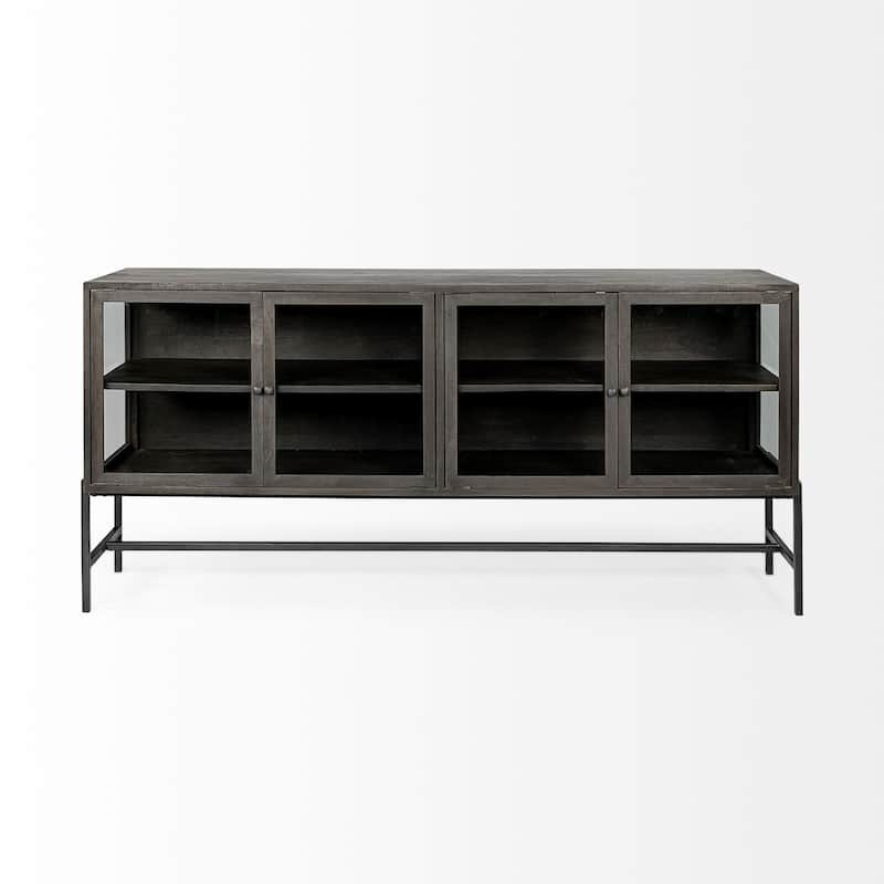 Arelius Light Brown w/ Black Metal Base 4 Door Glass Cabinet Sideboard - 70.0L x 18.0W x 32.0H