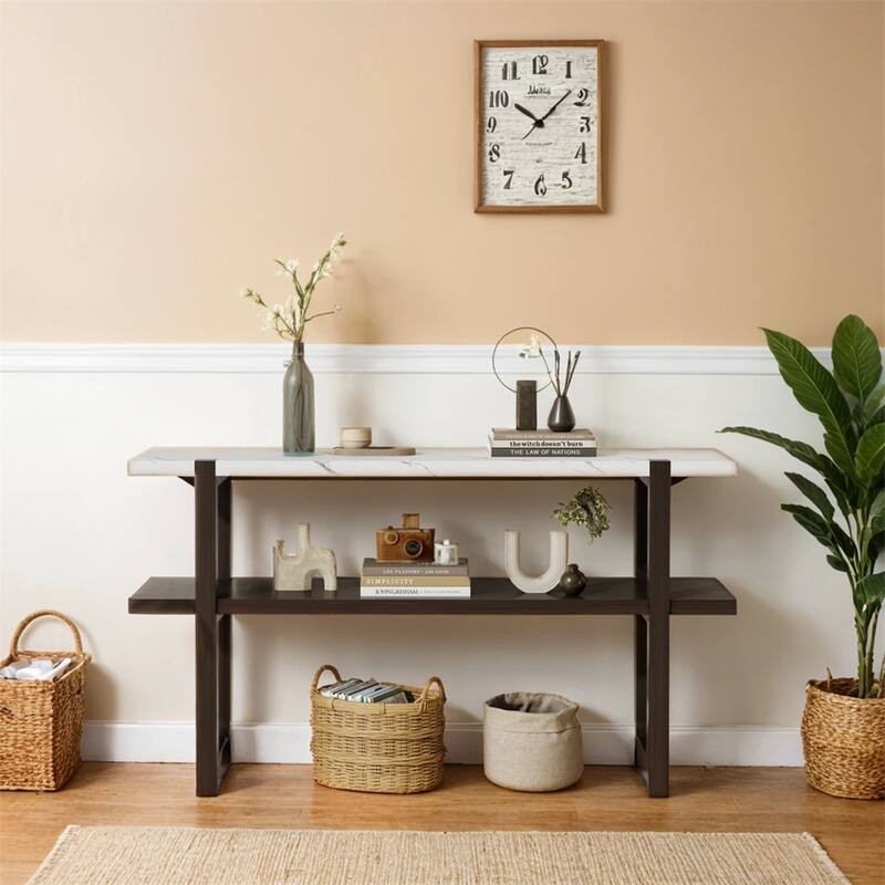 Retro Elegant Console Table with Marble-Effect Top & Versatile Storage