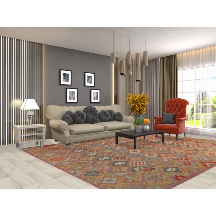 Geometric Kilim Area Rug Hand-Woven Wool Carpet - 8'5"x 11'1"