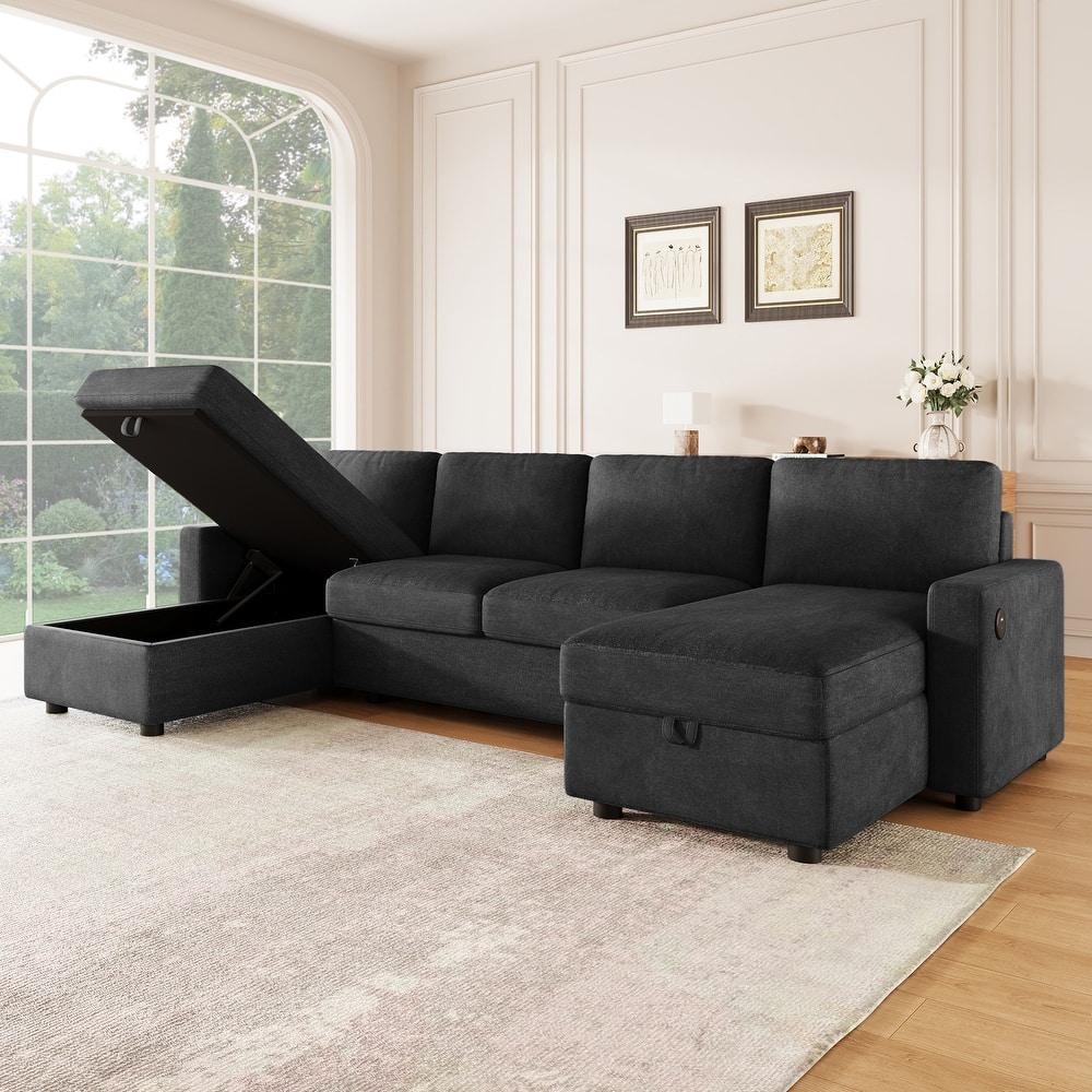103.9" Sectional Sofa Convertible Sectional Sofa, U-shaped Sofa with Two Storage Chaise Lounges and Four USB Ports
