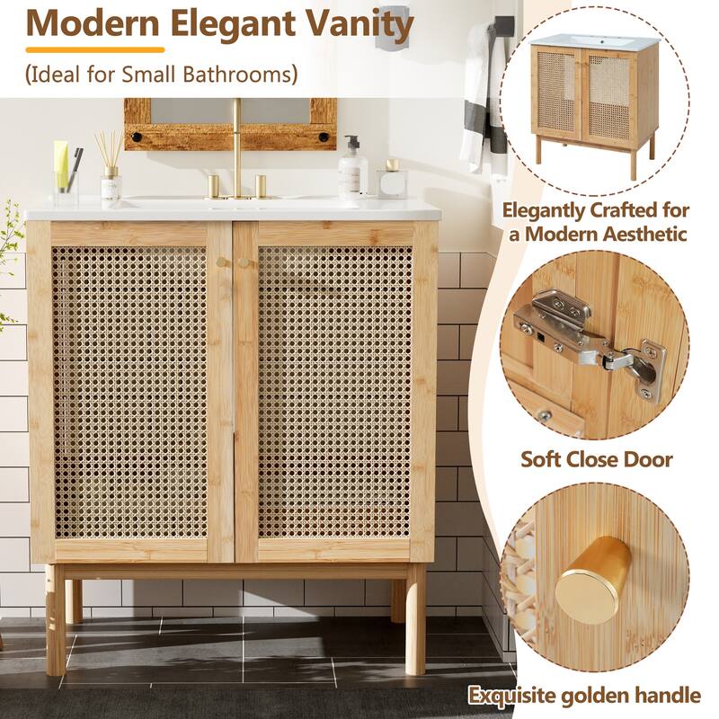 30" Eco-Friendly Bathroom Vanity – Handwoven Rattan Doors with Silent Soft-Close Hinges, Blending Natural Craftsmanship