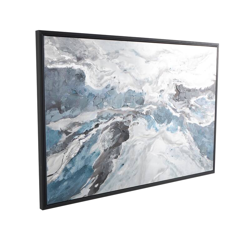 Canvas Abstract Living Room Framed Wall Art with Silver Foil Accents and Black Frame - Blue - Roche River Decor