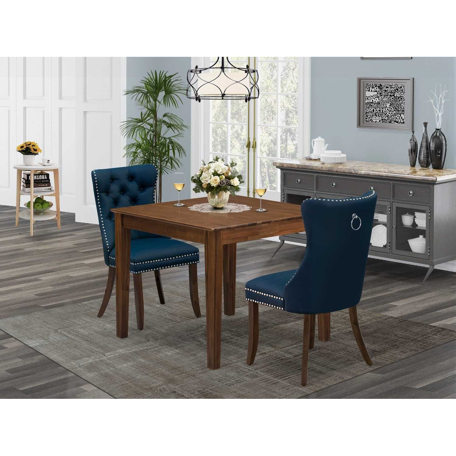 HomeStock 3-Pc Antique Walnut Finish Square Solid Wood Top Dining Table Set for Small Spaces