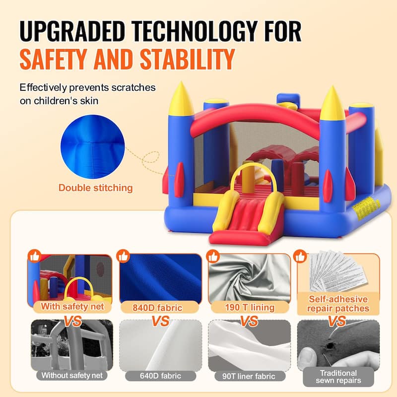 Inflatable Jumping Trampoline Bounce Playhouse with Blower Slide and Storage Bag Ideal for Kids - 160.6” x 94.5” x 96.5”