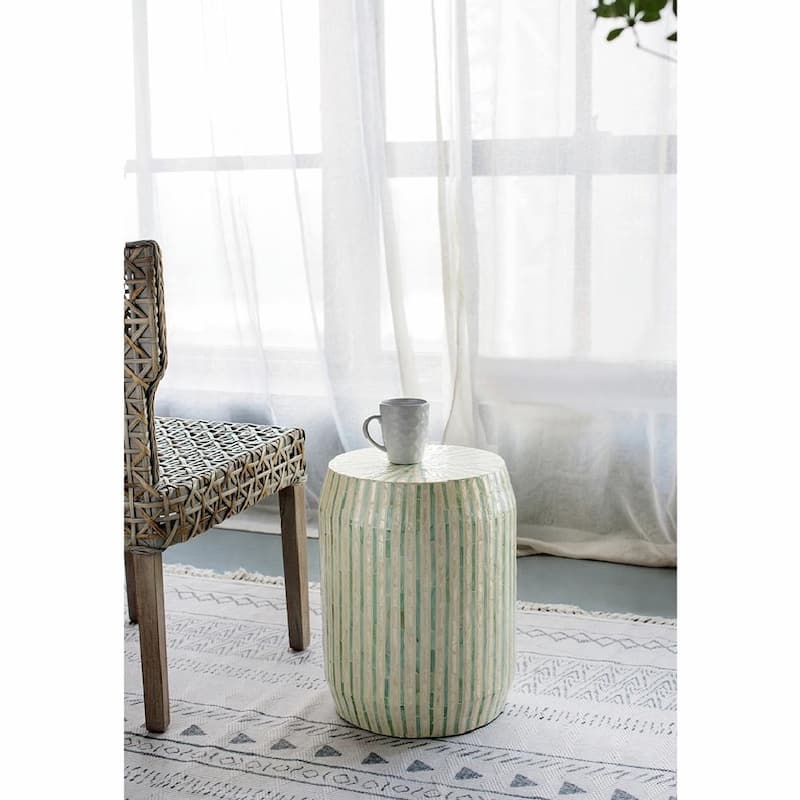 Cylinder Capiz Stool - Cream & Green Striped Design, End Table, Side Table - 14x14x18"