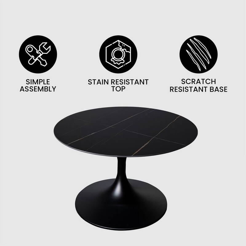 LeisureMod Verve 24" Round Coffee Table with Sintered TableTop and Black Steel Base for Living & Bedroom