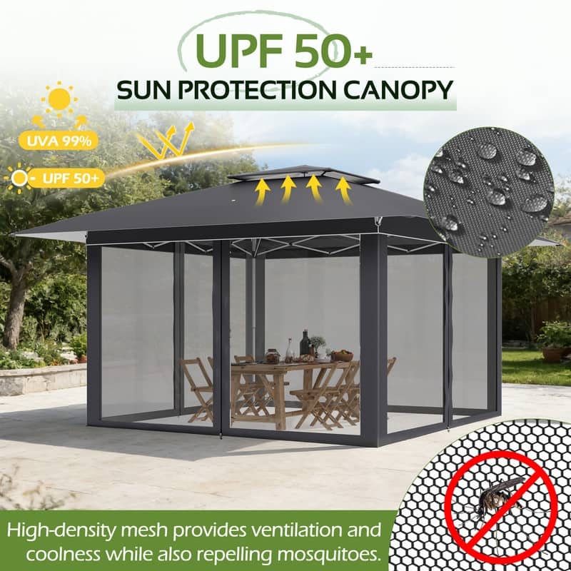 13x13 FT Pop Up Canopy Tent with Netting, UPF 50+ Outdoor Canopy with Automatic Eaves & One-Push Lock, for Patio & Parties