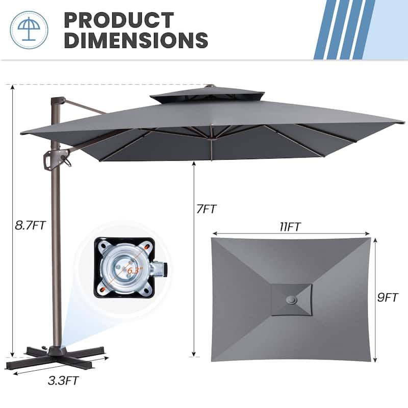 11 × 9 ft Outdoor Patio Cantilever Offset Dual Top Umbrella