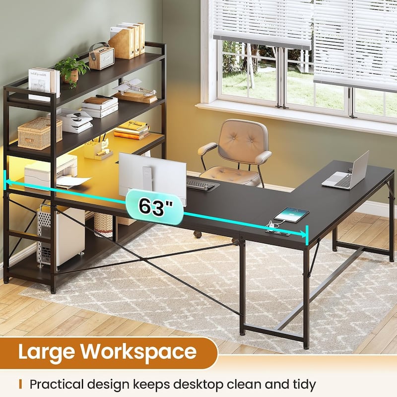 L Shaped Desk Gaming Desk 3 Fabric Drawers 5 Storage Shelves