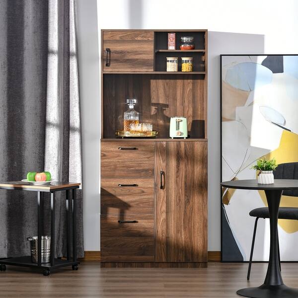 slide 1 of 7, HOMCOM 70" Kitchen Buffet Hutch with 3 Drawers, Sliding Door, Large Cabinet and Adjustable Shelves, Walnut Walnut