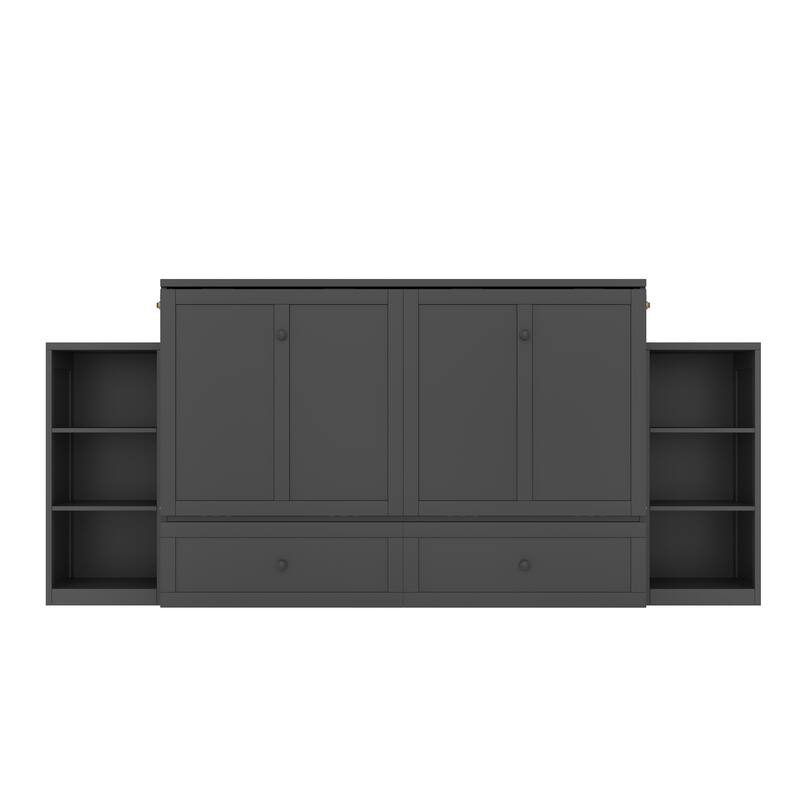 Foldable Wall Cabinet Queen Murphy Bed with Drawers and Open Shelves