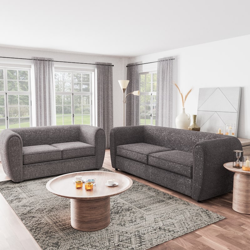 Furniture of America Vanessa Modern Curved Arms Boucle Sofa Set with Seat Cushion and Wooden Legs, 2-Piece or 3-Piece Options - Charcoal Grey - 2 Piece