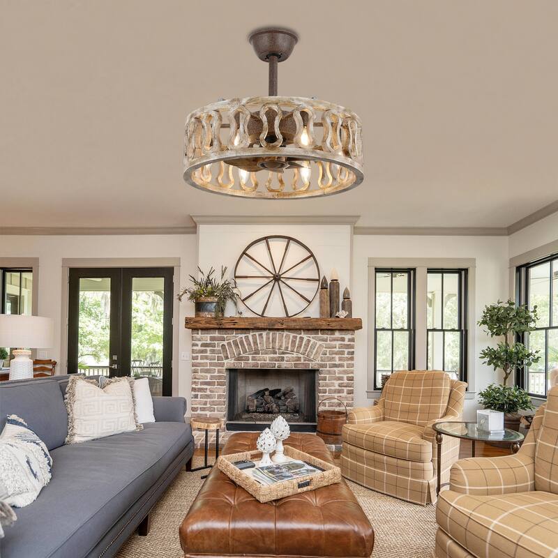 18" Oaks Aura Farmhouse Distressed Wood Caged Ceiling Fan with Lights, 6-Speed Silent Shabby Chic Bladeless Ceiling Fan