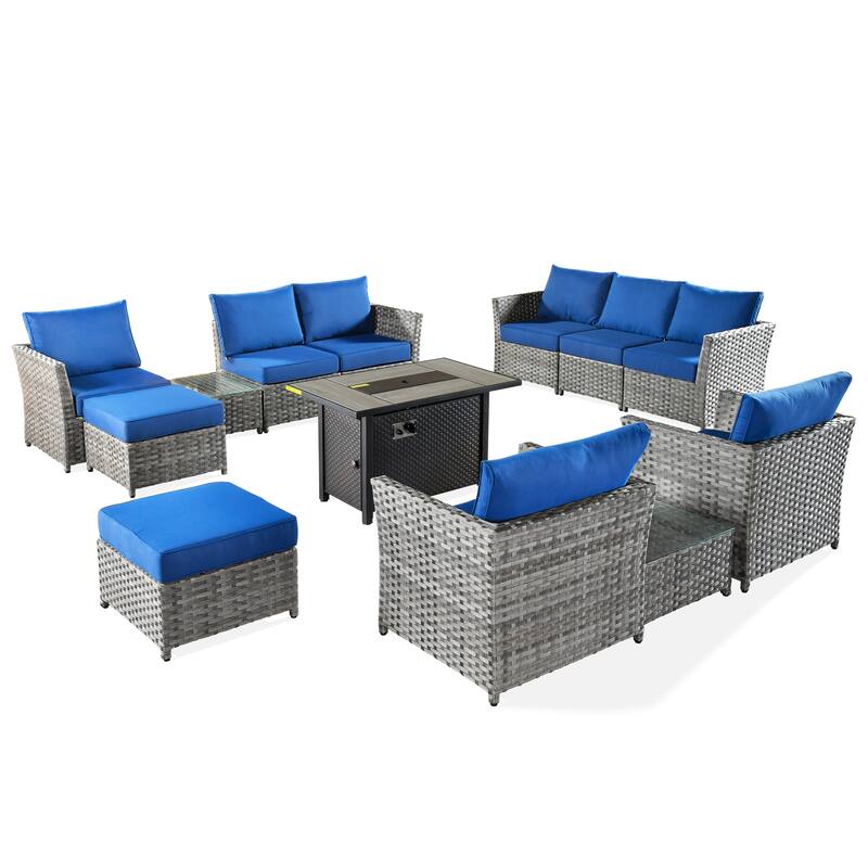HOOOWOOO 13-piece Wicker Rattan Patio Sectional Conversation Set with Fire Pit