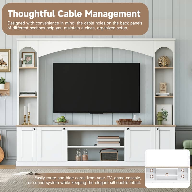 91" Farmhouse Arched Entertainment Center for TVs Up to 70" - Wood Grain TV Stand with Bookshelf & Adjustable Shelves