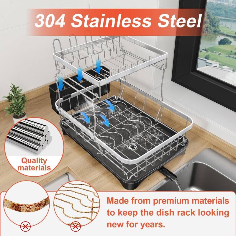 Stainless Steel Dish Drying Rack with Drain Tray & Cup Holder