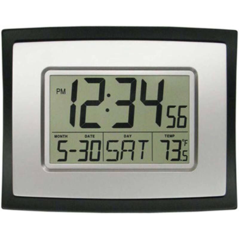8.5" Black and Gray Digital Wall Clock with Temperature and Calendar