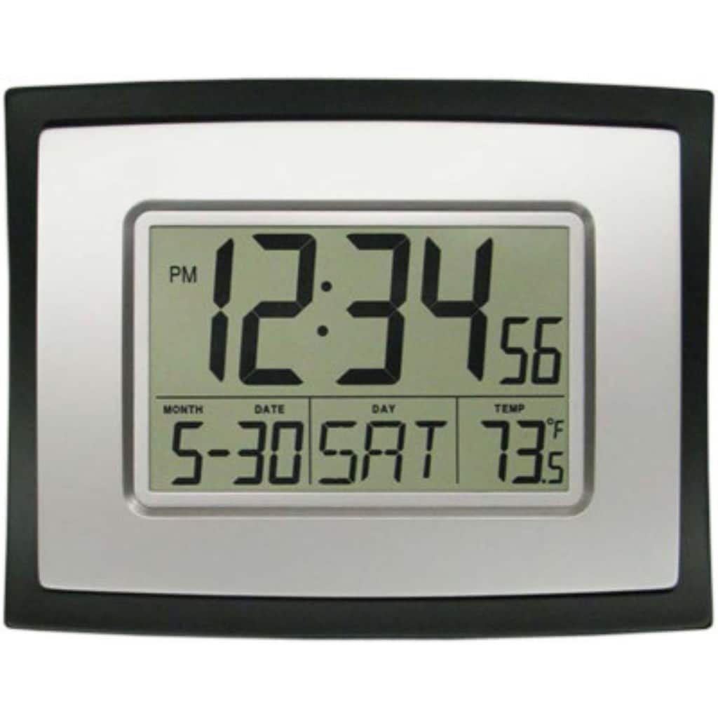 8.5" Black and Gray Digital Wall Clock with Temperature and Calendar
