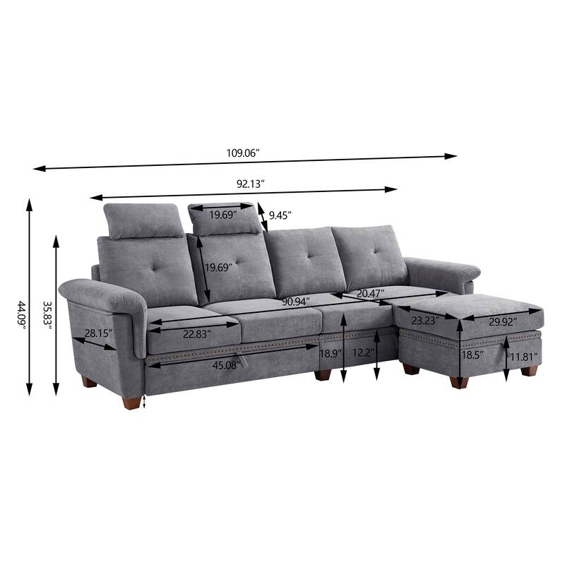 109" Modern 4 Seaters Towelling Sectional Sofa with Hidden Coffee Table Adjustable Headrest and Large Storage Space