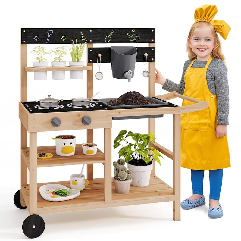 Gymax Mud Kitchen w/ Wheels Outdoor Fir Wood Play Kitchen w/ - Natural