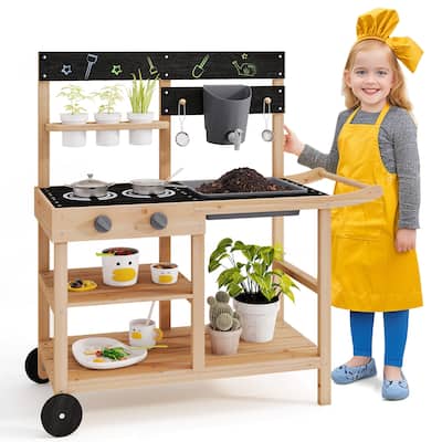 Gymax Mud Kitchen w/ Wheels Outdoor Fir Wood Play Kitchen w/