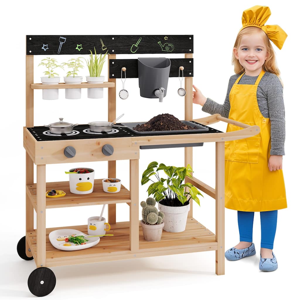 Gymax Mud Kitchen w/ Wheels Outdoor Fir Wood Play Kitchen w/
