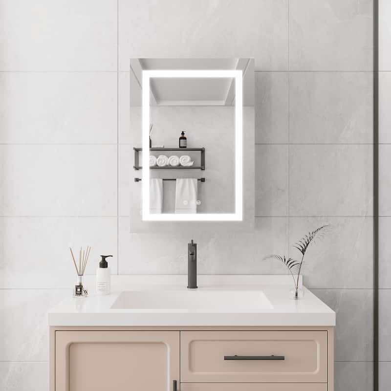 Medicine Cabinet with LED Mirror, Anti-Fog, Dimmable Light, Adjustable Brightness, Single Door, Storage Shelves, Wall-Mounted - 28X20 in - Silver + Aluminum
