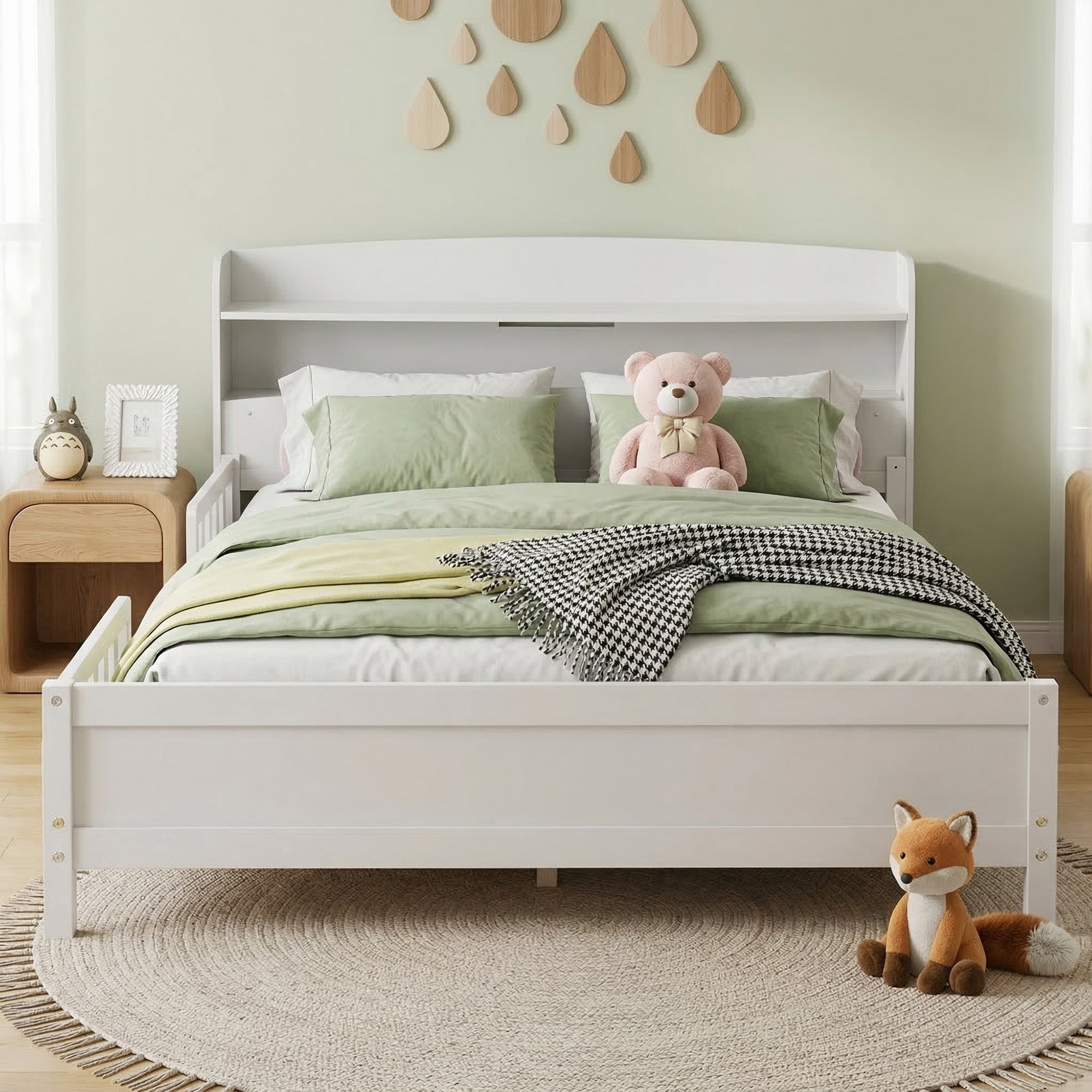 Javlergo Full Size Bed with 2-Tier Storage Headboard LED Pine Wood Platform Bed with Detachable Guardrails No Box Spring Needed