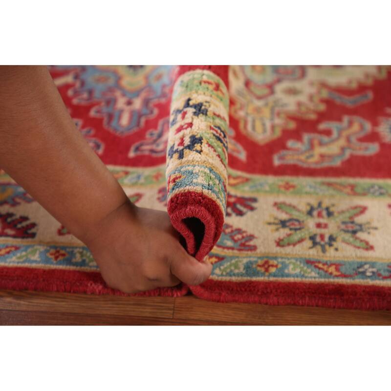Geometric Red Kazak Accent Rug Handmade Wool Carpet - 3'4"x 5'1"