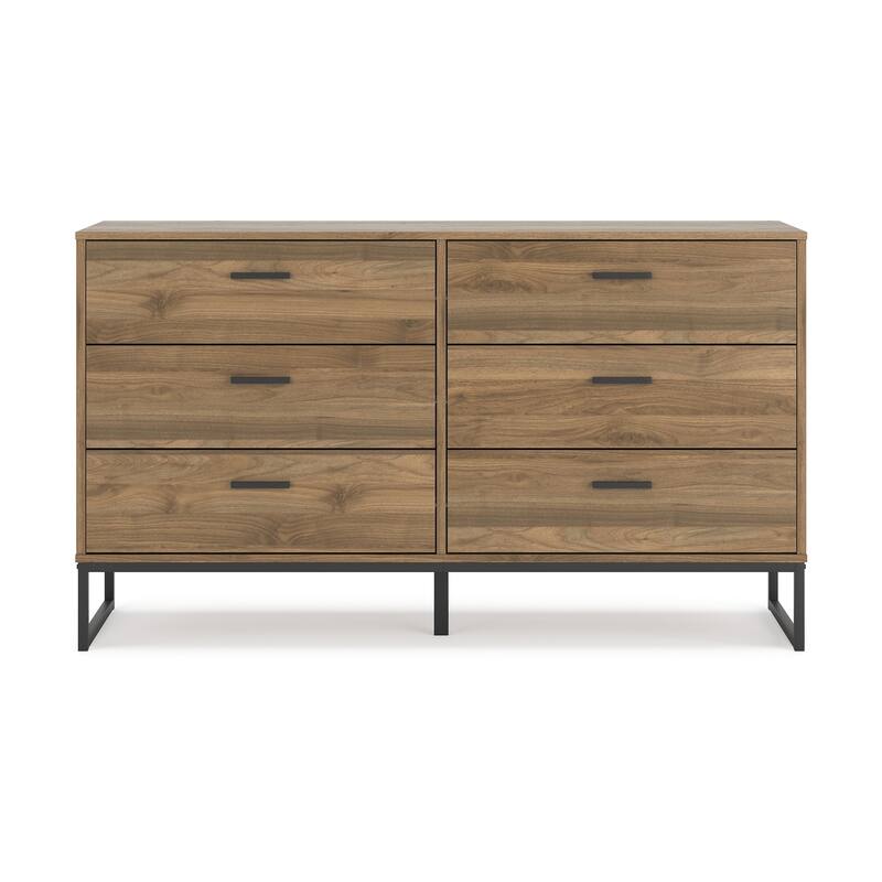 Deana Wide Dresser, 6 Drawers, Brown Wood, Black Metal Base, 59 Inch