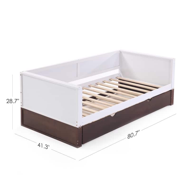 Twin Daybed with Trundle - Solid Wood Sofa Bed Frame, 350lbs Capacity, Locking Wheels , Multi-Functional for Living Room