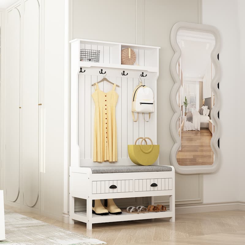 68.5"H Hall Tree with Bench and Shoe Storage White/Black/Grey - White