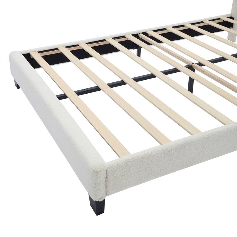 Upholstered Platform Bed with Flower-Shaped Headboard & LED Light Strip, Twin/Full Size Sherpa Fabric Bed Frame w/ Slats Support