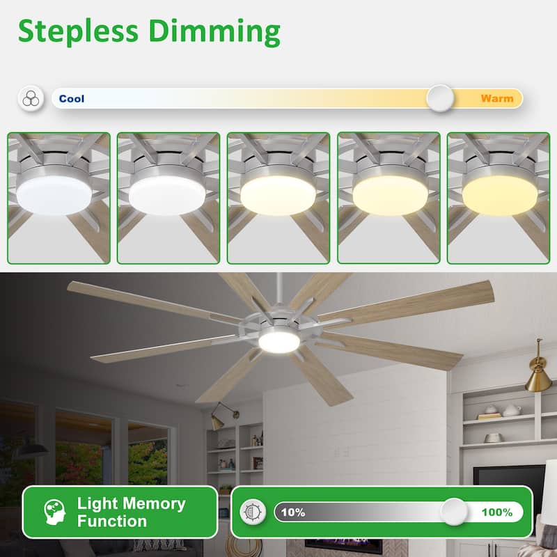 Modern 72 Inch 8 Blade Outdoor large Ceiling Fans with Lights: Dimmable Indoor Reversible 6 Speed Quiet DC Motor