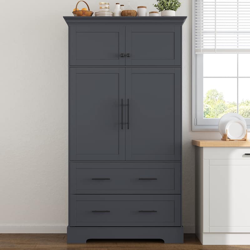 Farmhouse Kitchen Pantry, 40"W - 4-Door Freestanding Cabinet with Pull-Out Trays, Drawers & Pan Storag