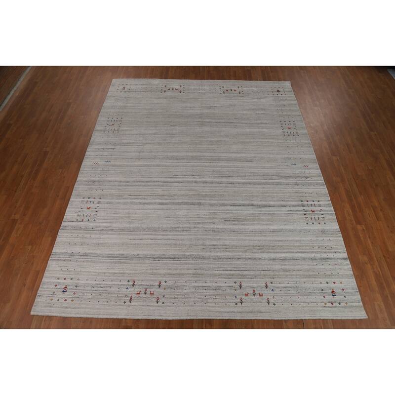 Silver Gray Striped Gabbeh Oriental Area Rug Hand-Knotted Silk Carpet - 9'3" x 11'7"