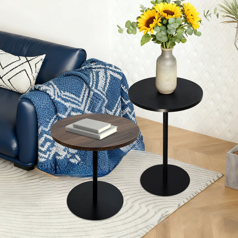 Set of 2 Small Round Side Table Wooden Concentric Circles Coffee Table for Two Metal Pedestal Nightstand for Corner Small Space