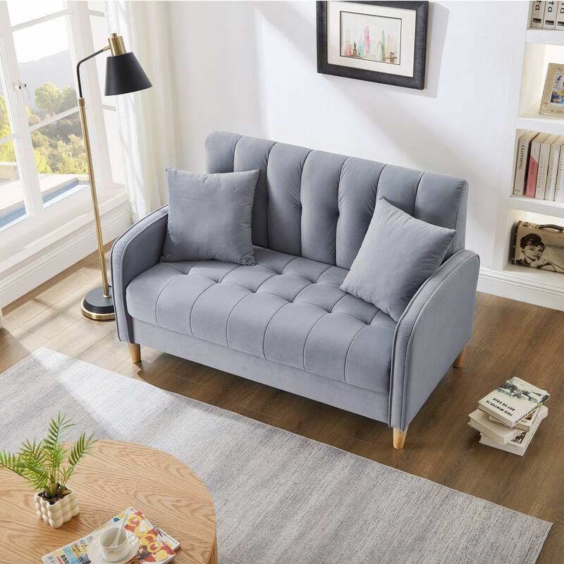 Modern Loveseat, Velvet Tufted Couch Upholstered Futon Sofa with 2 Tufted Pillow for Living Room 2-seat Armchair