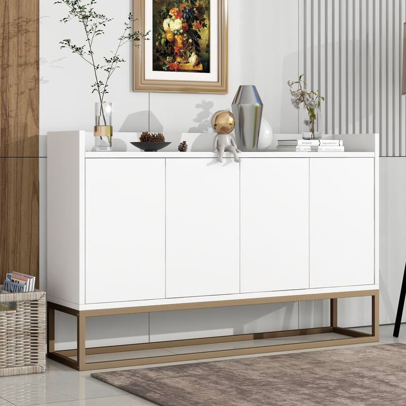 Compact White Sideboard Buffet Cabinet with Gold Legs, Innovative No-Handle Design and Adjustable Shelves for Small Spaces - White