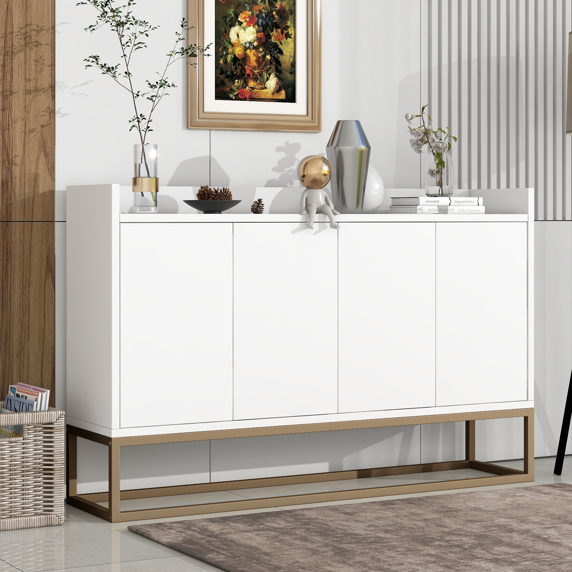Sideboard Cabinet with 4 Doors, Buffet Cabinet with Adjustable Shelves, Kitchen Storage Cabinet with Metal Legs