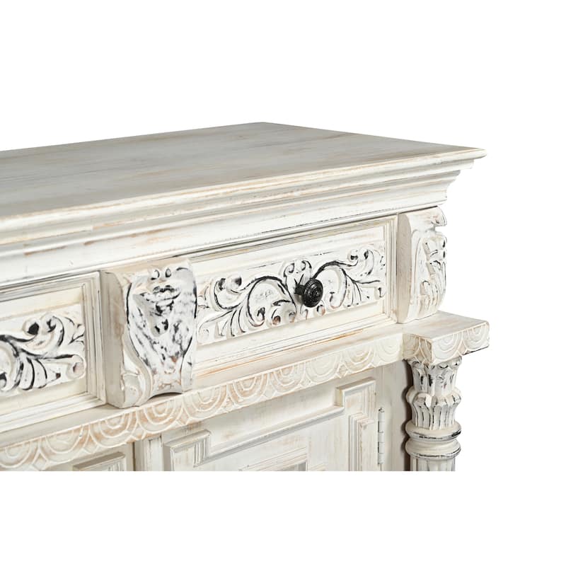 HomeRoots 118" White Distressed Solid Wood Carved Floral Six Drawer Sideboard with Six Doors