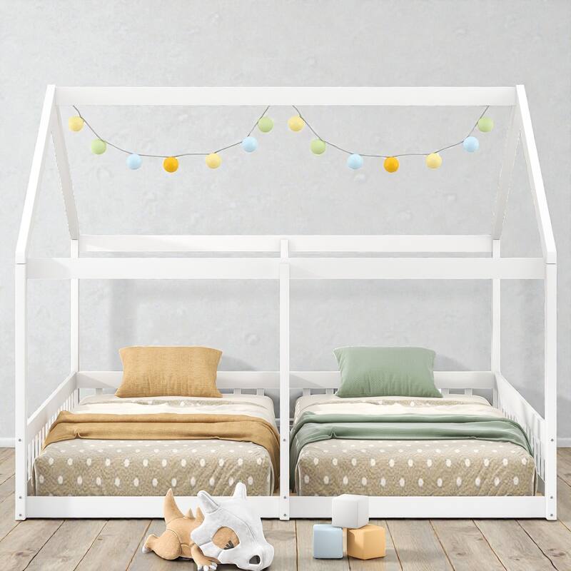 Twin House Platform Bed with Two Shared Beds, Side by Side Kids Bed with Guardrails, No Box Spring