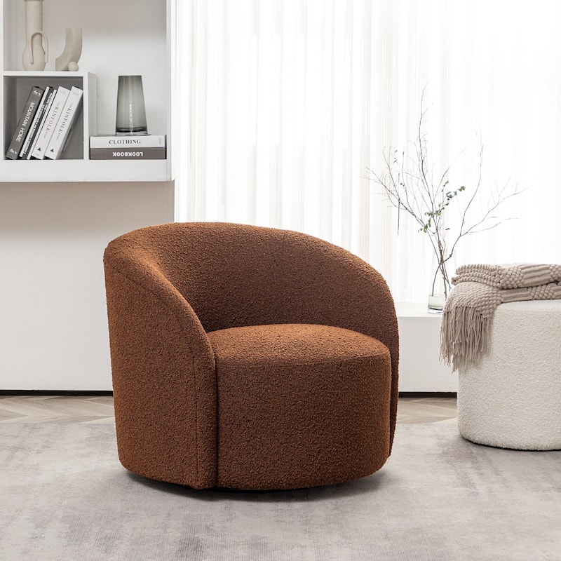 KINWELL 34" W Upholstered Boucle Swivel Barrel Accent Chair - Brown