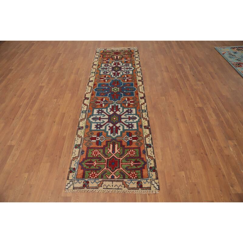 Hand Knotted Oriental 100% Wool Carpet Traditional Geometric Oranges & Rust Kazak Runner Rug - 8' 4'' X 2' 6''