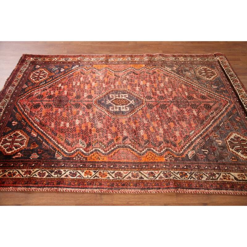 Hand Knotted Oriental 100% Wool Carpet Traditional Tribal Red Qashqai Area Rug - 6' 8'' X 4' 11''