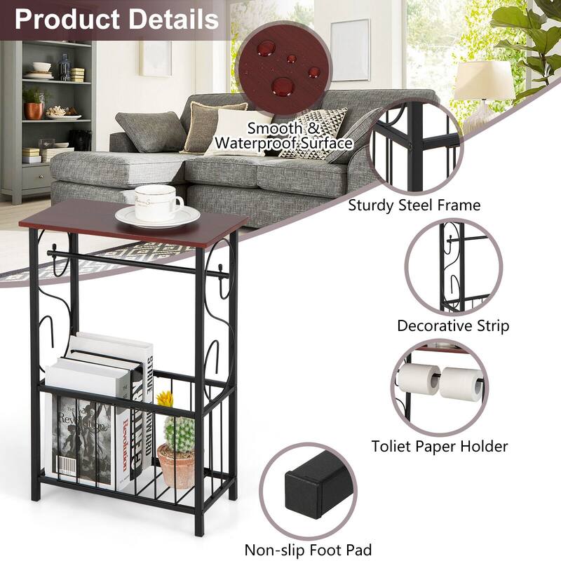 Brown Small Side End Table with Storage Basket and Black Steel Frame for Bedroom or Bathroom - 14.5" x 8" x 21.5" (L x W x H)