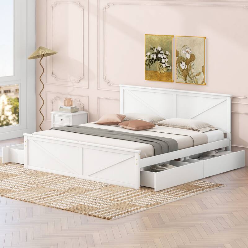 Wooden platform bed with four storage drawers