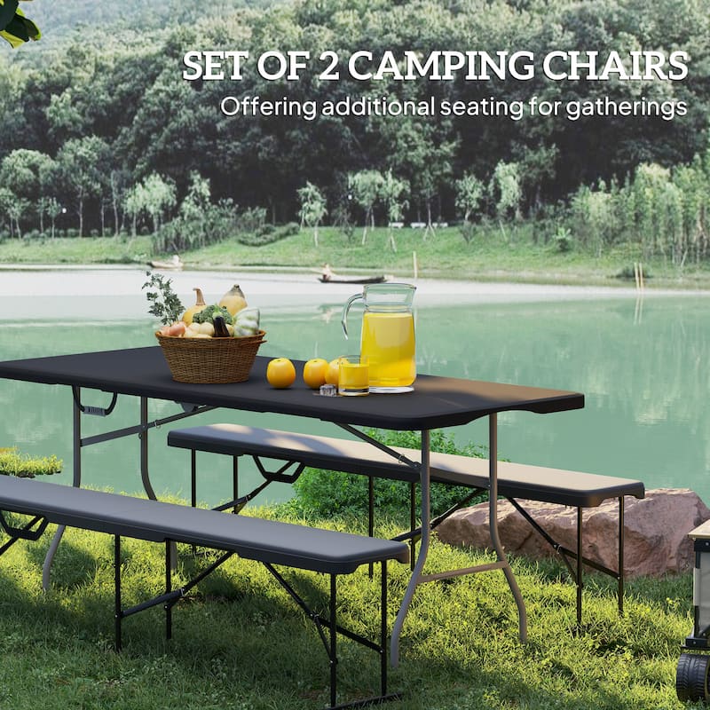 6 Feet Set of 2 Folding Outdoor Camping Picnic Benches with Metal Frame and HDPE Waterproof Top - 71.7" L x 11" W x 16.5" H